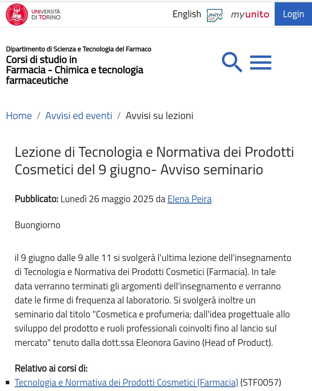 Università degli Studi di Torino -l lezione a seminario Eleonora Gavino Cosmetica e profumeria: dall'idea progettuale allo sviluppo prodotto e ai ruoli professionali coinvolti fino al lancio sul mercato